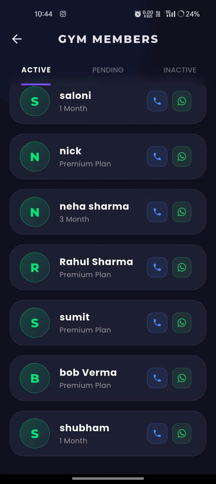 GymGurus AI members list with active pending and inactive tabs