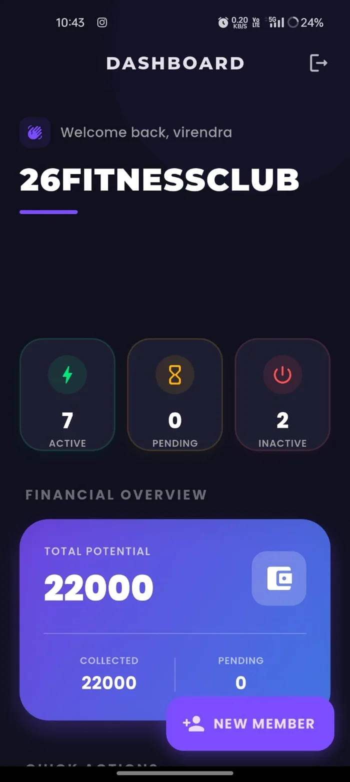 GymGurus AI dashboard showing active, pending and inactive members